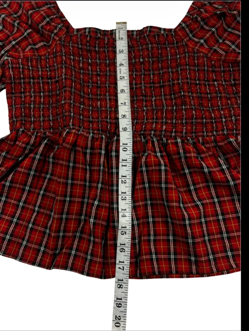 Old Navy Red Plaid Smocked Puff Sleeve Peplum Top Size L
